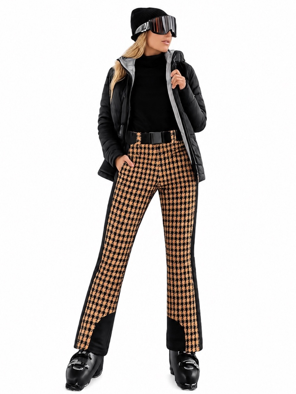 NWT GSOU SNOW Blk/Tan Houndstooth Fleece Lined Softshell Snow Pants Belted Small